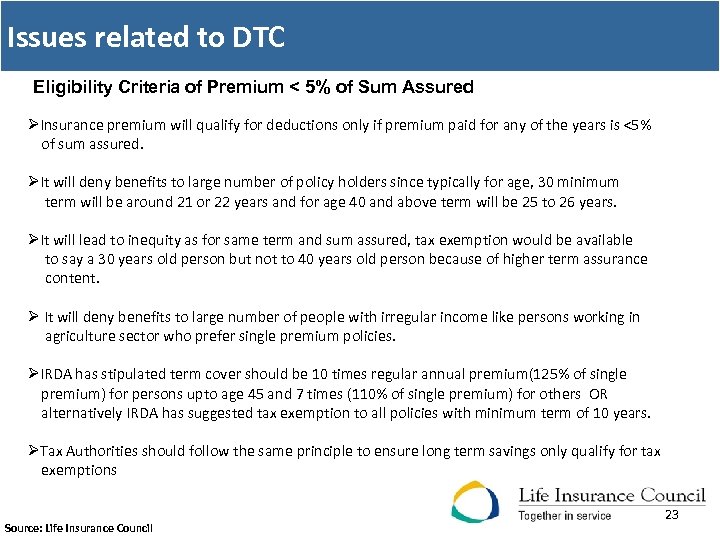 Issues related to DTC Eligibility Criteria of Premium < 5% of Sum Assured ØInsurance