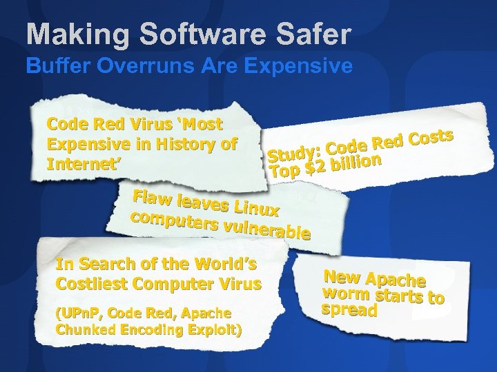 Making Software Safer Buffer Overruns Are Expensive Code Red Virus ‘Most Expensive in History