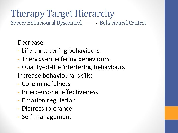 Therapy Target Hierarchy Severe Behavioural Dyscontrol Behavioural Control Decrease: - Life-threatening behaviours - Therapy-interfering