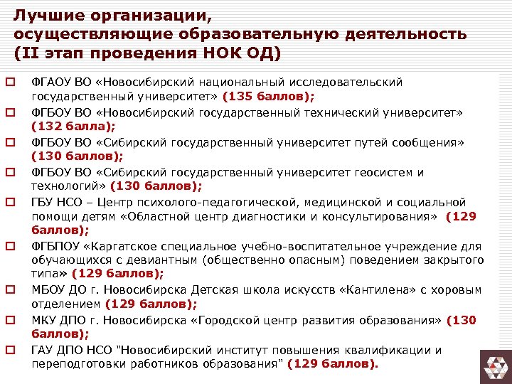 Лучшие организации, осуществляющие образовательную деятельность (II этап проведения НОК ОД) o o o o