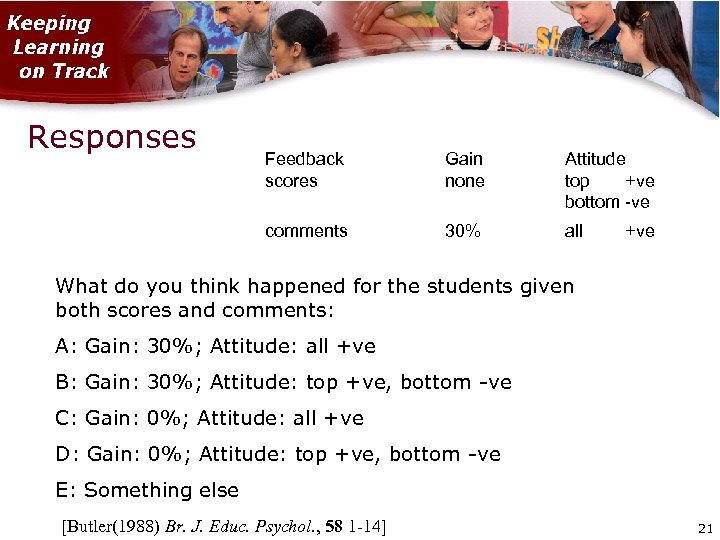 Responses Feedback scores Gain none Attitude top +ve bottom -ve comments 30% all +ve