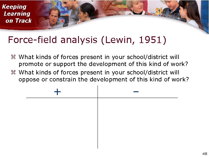Force-field analysis (Lewin, 1951) What kinds of forces present in your school/district will promote