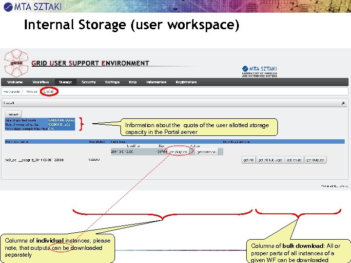 Internal Storage (user workspace) Information about the quota of the user allotted storage capacity