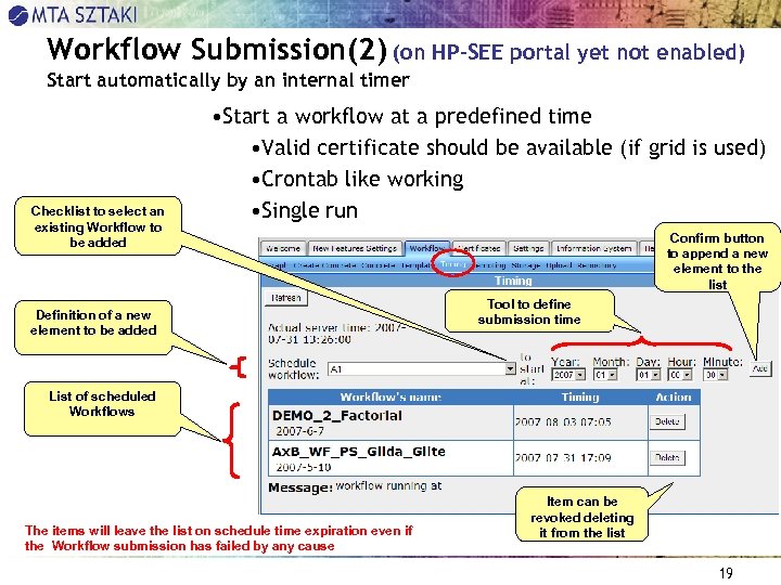 Workflow Submission(2) (on HP-SEE portal yet not enabled) Start automatically by an internal timer