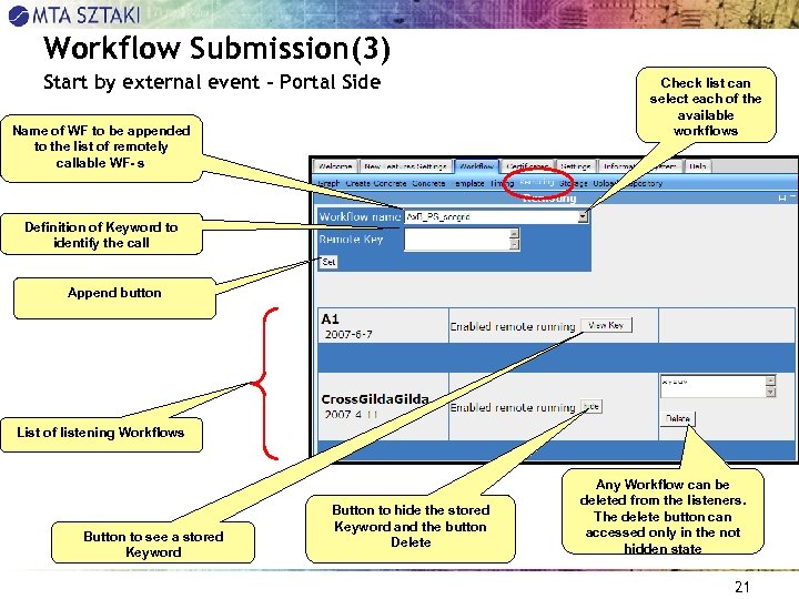 Workflow Submission(3) Start by external event – Portal Side Name of WF to be