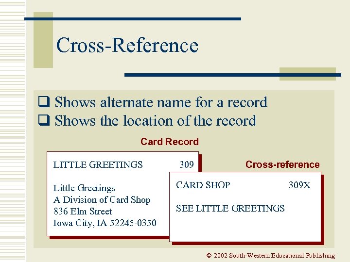 Cross-Reference q Shows alternate name for a record q Shows the location of the