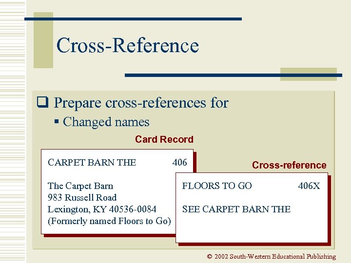 Cross-Reference q Prepare cross-references for § Changed names Card Record CARPET BARN THE The
