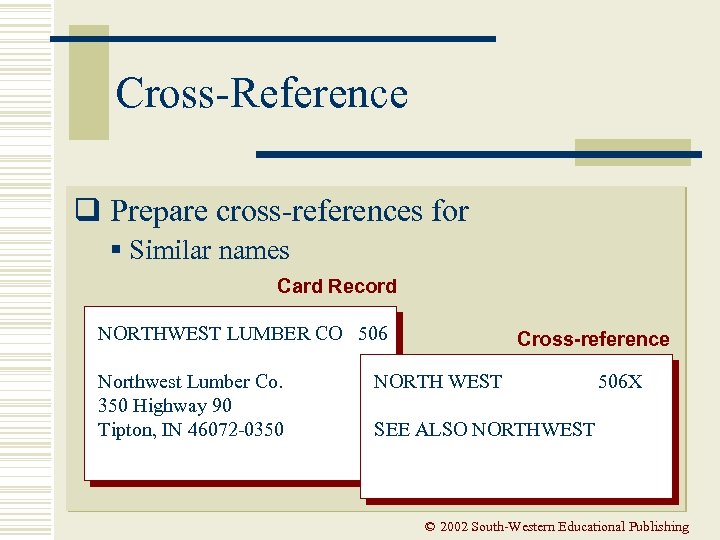 Cross-Reference q Prepare cross-references for § Similar names Card Record NORTHWEST LUMBER CO 506