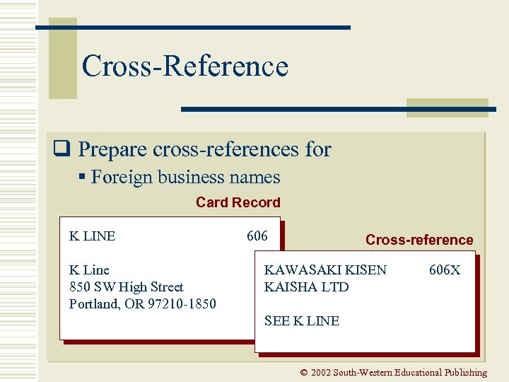 Cross-Reference q Prepare cross-references for § Foreign business names Card Record K LINE K