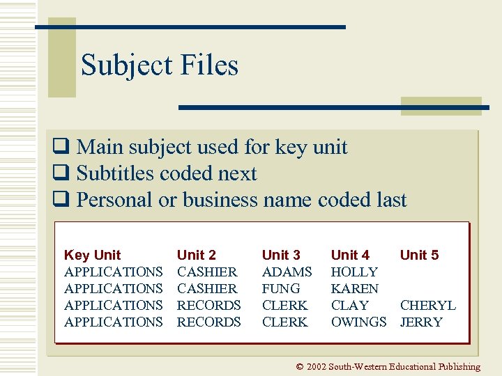 Subject Files q Main subject used for key unit q Subtitles coded next q