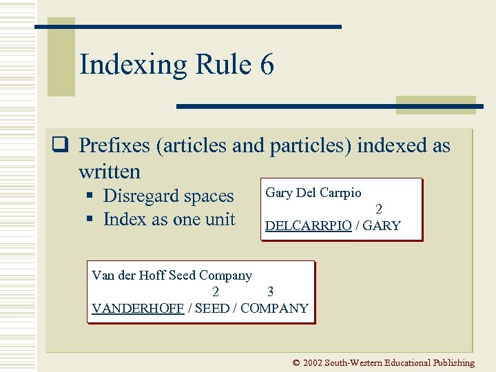 Indexing Rule 6 q Prefixes (articles and particles) indexed as written § Disregard spaces