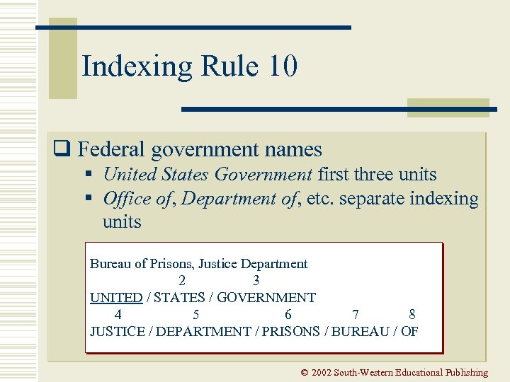 Indexing Rule 10 q Federal government names § United States Government first three units
