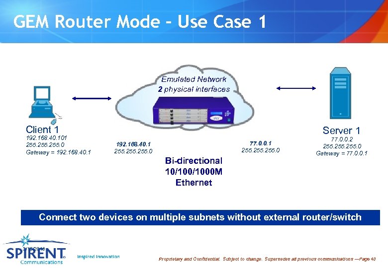 GEM Router Mode – Use Case 1 Emulated Network 2 physical interfaces Client 1