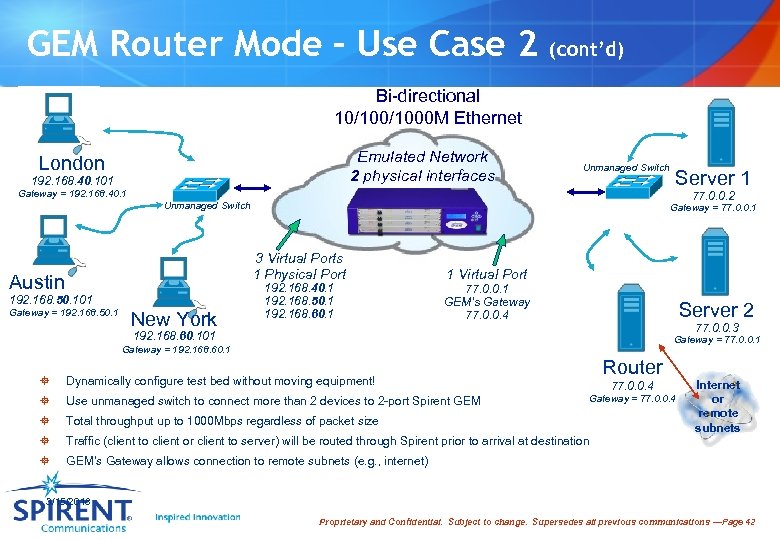 GEM Router Mode – Use Case 2 (cont’d) Bi-directional 10/1000 M Ethernet Emulated Network