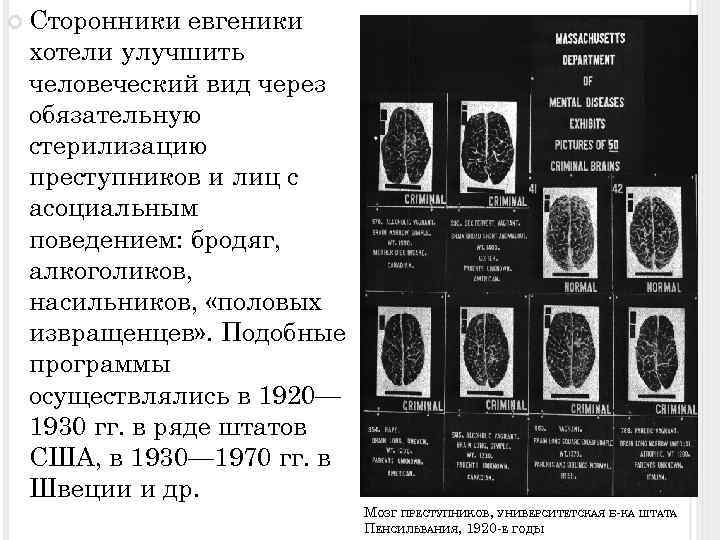  Сторонники евгеники хотели улучшить человеческий вид через обязательную стерилизацию преступников и лиц с