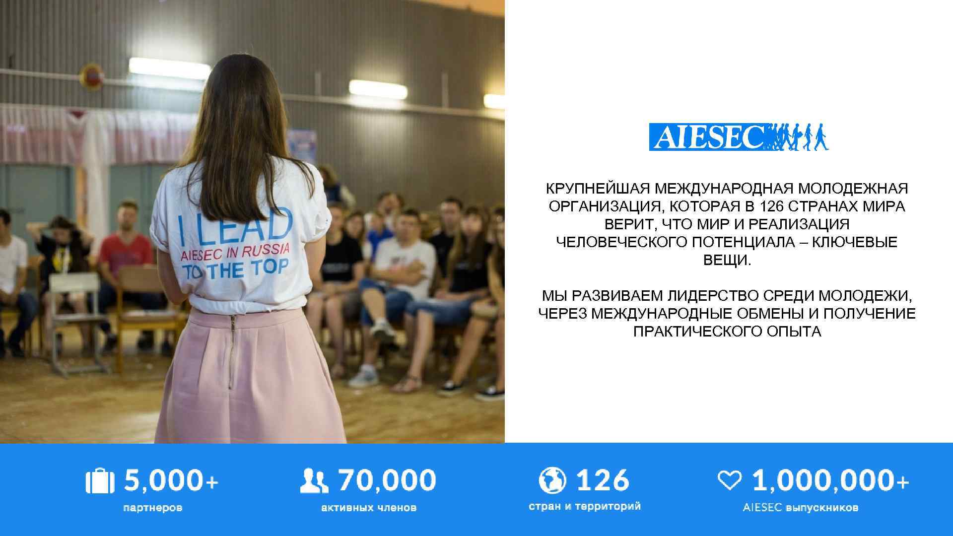 КРУПНЕЙШАЯ МЕЖДУНАРОДНАЯ МОЛОДЕЖНАЯ ОРГАНИЗАЦИЯ, КОТОРАЯ В 126 СТРАНАХ МИРА ВЕРИТ, ЧТО МИР И РЕАЛИЗАЦИЯ