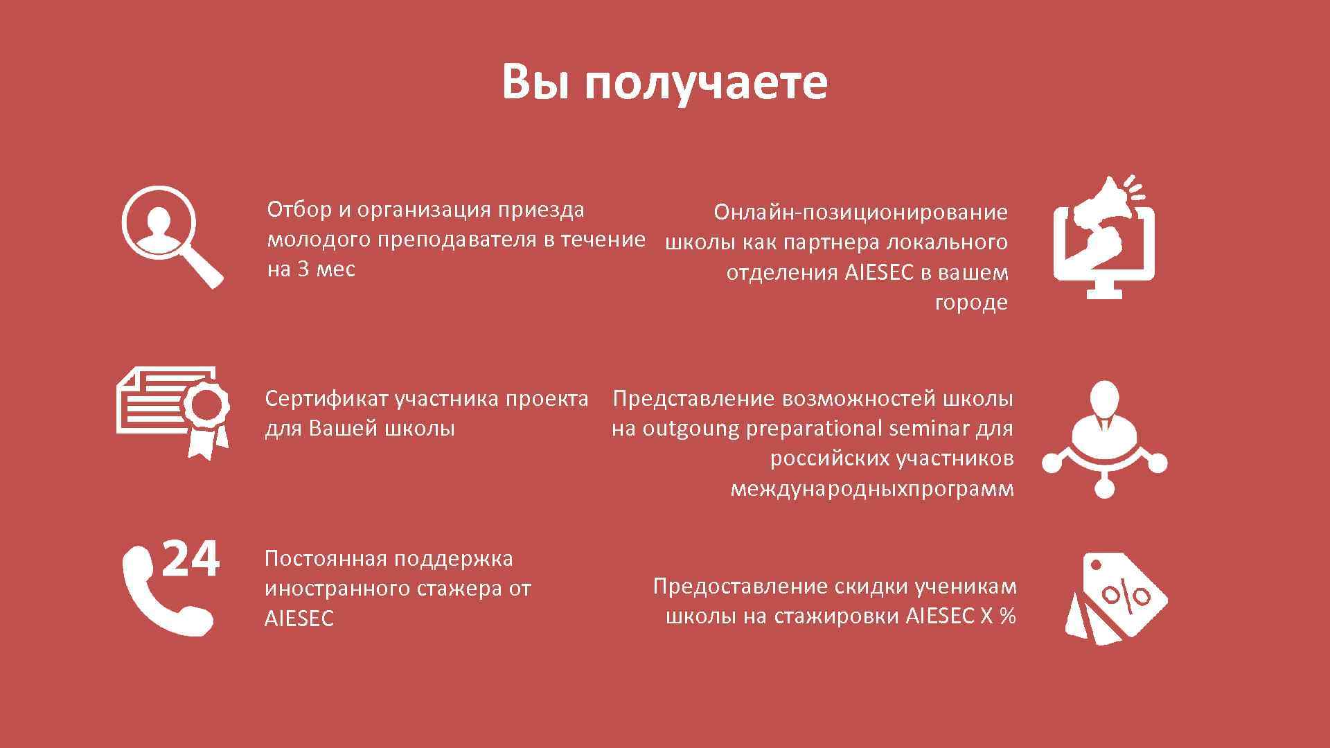 Вы получаете Отбор и организация приезда Онлайн-позиционирование молодого преподавателя в течение школы как партнера