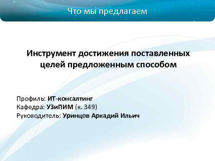 Что мы предлагаем Инструмент достижения поставленных целей предложенным способом Профиль: ИТ-консалтинг Кафедра: УЗи. ПИМ
