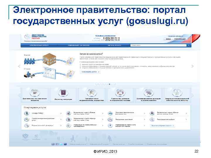 Электронное правительство: портал государственных услуг (gosuslugi. ru) © ИРИО, 2013 22 