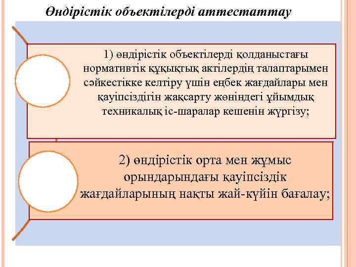 Өндірістік объектілерді аттестаттау нәтижелері: 1) өндірістік объектілерді қолданыстағы нормативтік құқықтық актілердің талаптарымен сәйкестікке келтіру