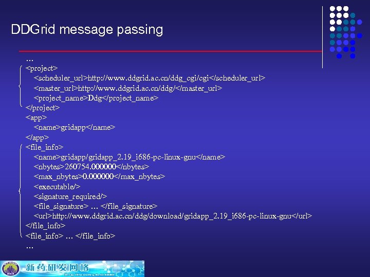 DDGrid message passing … <project> <scheduler_url>http: //www. ddgrid. ac. cn/ddg_cgi/cgi</scheduler_url> <master_url>http: //www. ddgrid. ac.