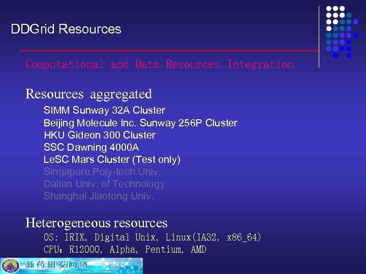 DDGrid Resources Computational and Data Resources Integration Resources aggregated SIMM Sunway 32 A Cluster