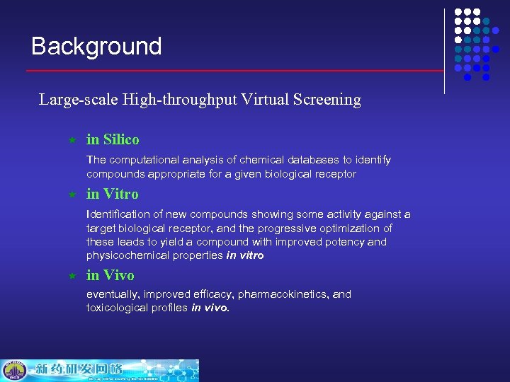 Background Large-scale High-throughput Virtual Screening « in Silico The computational analysis of chemical databases