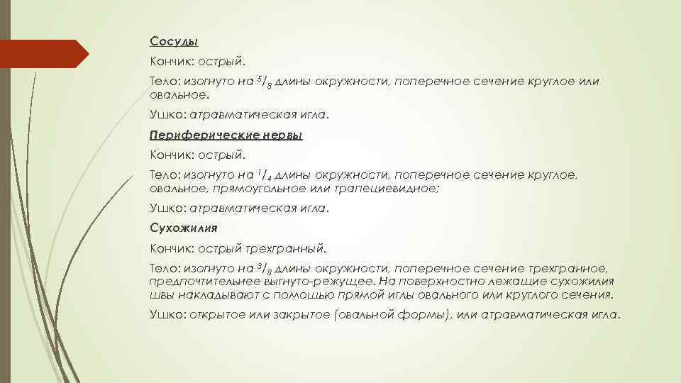 Сосуды Кончик: острый. Тело: изогнуто на 5/8 длины окружности, поперечное сечение круглое или овальное.