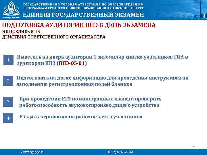 ПОДГОТОВКА АУДИТОРИИ ППЭ В ДЕНЬ ЭКЗАМЕНА НЕ ПОЗДНЕЕ 8. 45 ДЕЙСТВИЯ ОТВЕТСТВЕННОГО ОРГАНИЗАТОРА 1