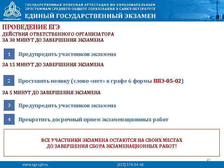 ПРОВЕДЕНИЕ ЕГЭ ДЕЙСТВИЯ ОТВЕТСТВЕННОГО ОРГАНИЗАТОРА ЗА 30 МИНУТ ДО ЗАВЕРШЕНИЯ ЭКЗАМЕНА 1 Предупредить участников