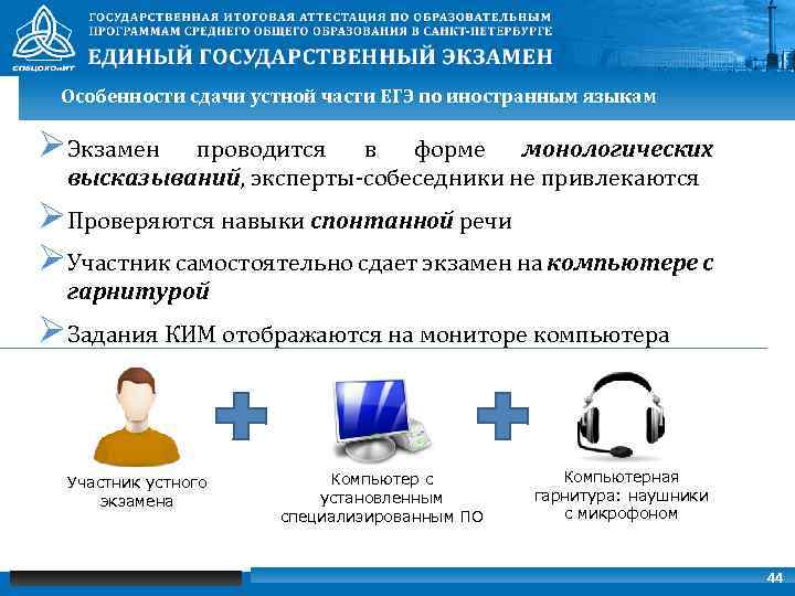 Особенности сдачи устной части ЕГЭ по иностранным языкам ØЭкзамен проводится в форме монологических высказываний,