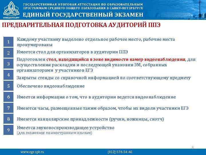 ПРЕДВАРИТЕЛЬНАЯ ПОДГОТОВКА АУДИТОРИЙ ППЭ 1 Каждому участнику выделено отдельное рабочее место, рабочие места пронумерованы