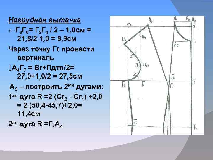 Нагрудная вытачка ←Г 3 Г 6= Г 3 Г 4 / 2 – 1,