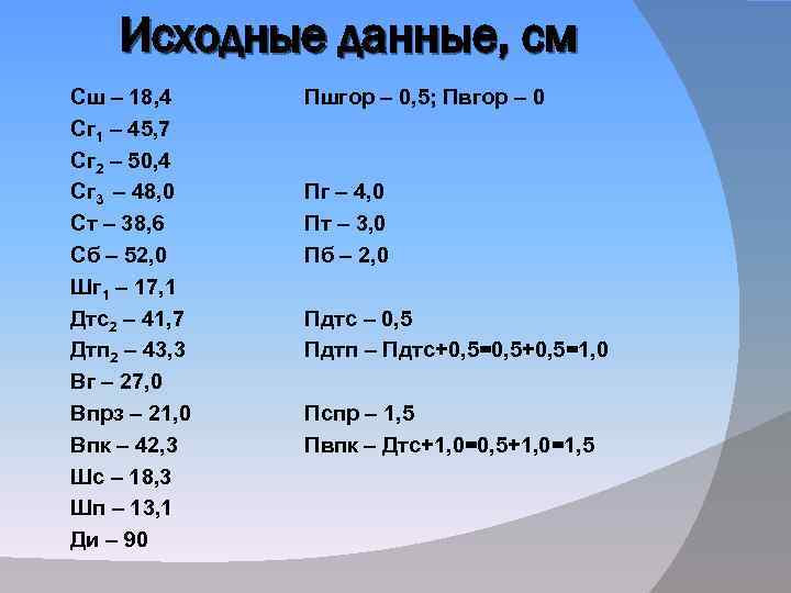 Исходные данные, см Сш – 18, 4 Сг 1 – 45, 7 Сг 2