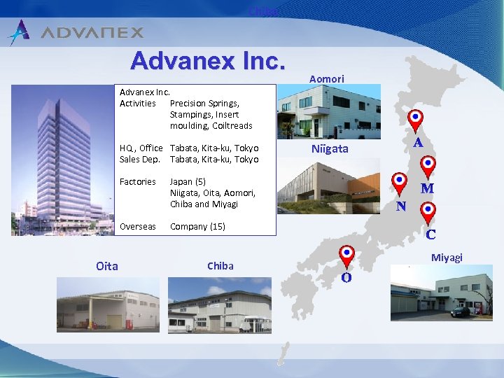 Chiba Advanex Inc. Aomori Advanex Inc. Activities Precision Springs, Stampings, Insert moulding, Coiltreads HQ