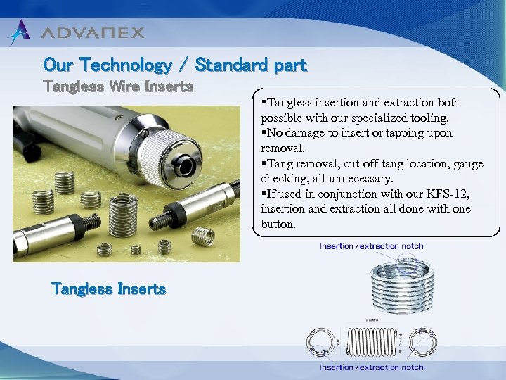 Our Technology / Standard part Tangless Wire Inserts Tangless Inserts §Tangless insertion and extraction