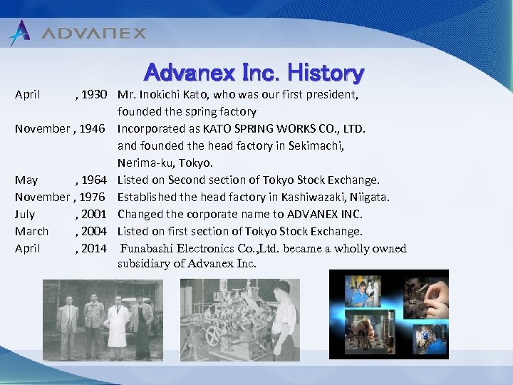 Advanex Inc. History April , 1930 Mr. Inokichi Kato, who was our first president,