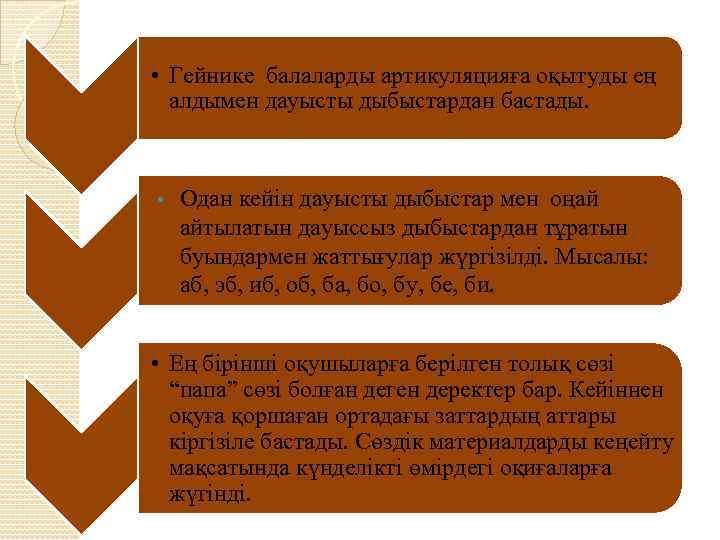  • Гейнике балаларды артикуляцияға оқытуды ең алдымен дауысты дыбыстардан бастады. • Одан кейін