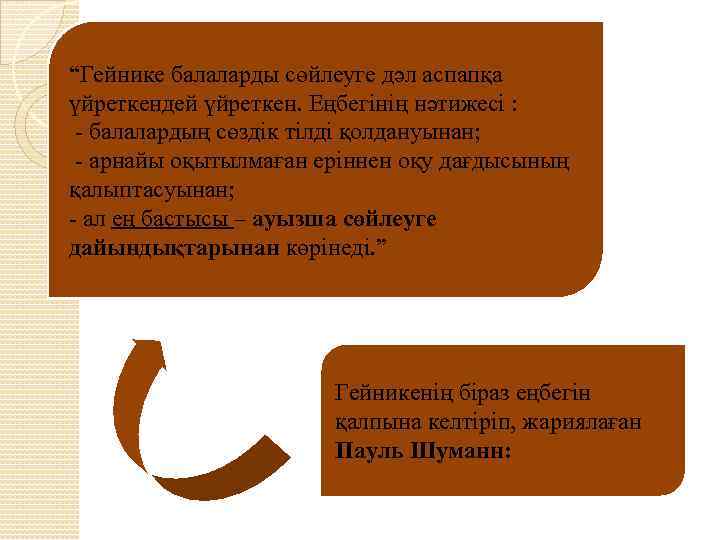 “Гейнике балаларды сөйлеуге дәл аспапқа үйреткендей үйреткен. Еңбегінің нәтижесі : - балалардың сөздік тілді