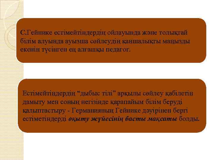 С. Гейнике естімейтіндердің ойлауында және толықтай білім алуында ауызша сөйлеудің қаншалықты маңызды екенін түсінген