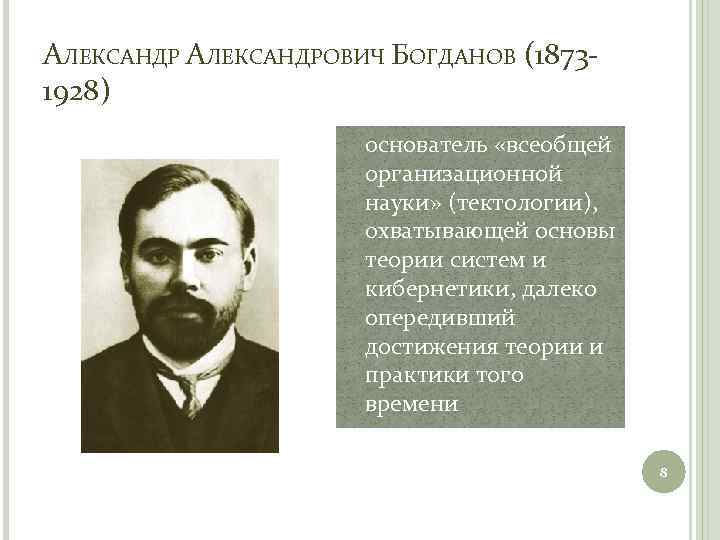 АЛЕКСАНДРОВИЧ БОГДАНОВ (18731928) основатель «всеобщей организационной науки» (тектологии), охватывающей основы теории систем и кибернетики,