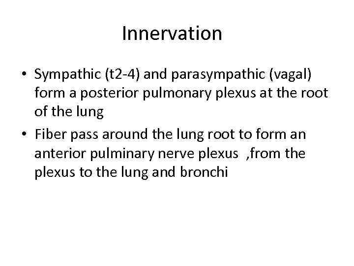 Innervation • Sympathic (t 2 -4) and parasympathic (vagal) form a posterior pulmonary plexus
