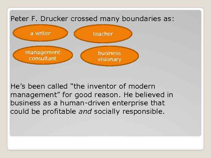 Peter F. Drucker crossed many boundaries as: a writer management consultant teacher business visionary