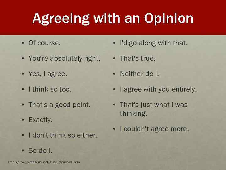 Agreeing with an Opinion • Of course. • I'd go along with that. •