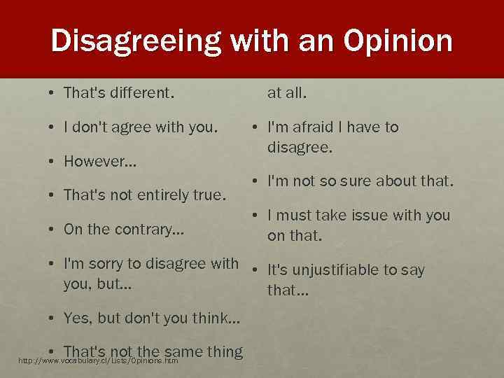 Disagreeing with an Opinion • That's different. • I don't agree with you. •