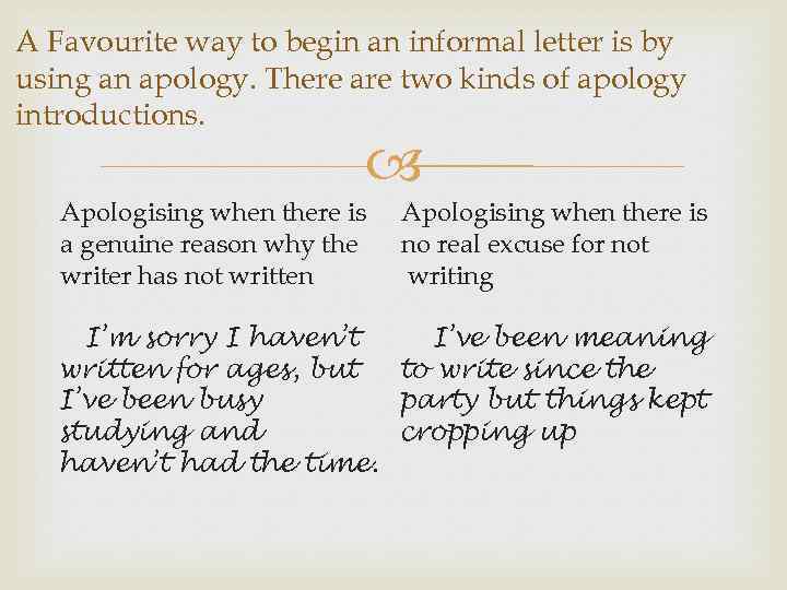 A Favourite way to begin an informal letter is by using an apology. There