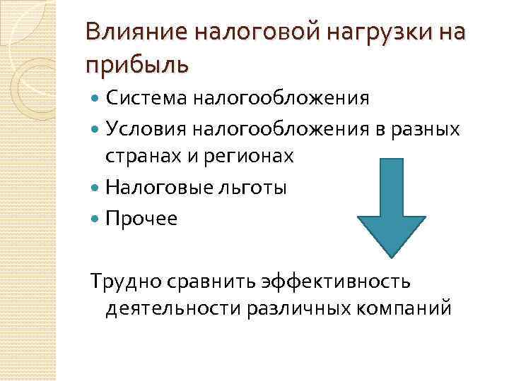 Влияние налоговой нагрузки на прибыль Система налогообложения Условия налогообложения в разных странах и регионах