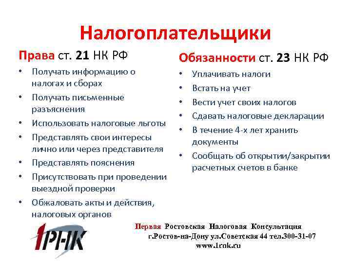 Налогоплательщики Права ст. 21 НК РФ • Получать информацию о налогах и сборах •