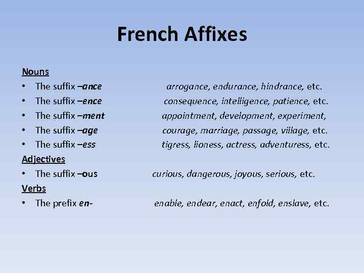 French Affixes Nouns • The suffix –ance arrogance, endurance, hindrance, etc. • The suffix