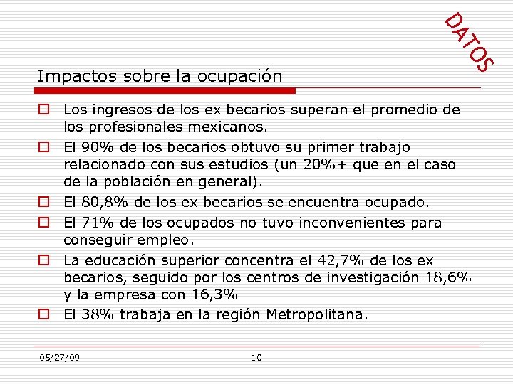 OS T DA Impactos sobre la ocupación Los ingresos de los ex becarios superan